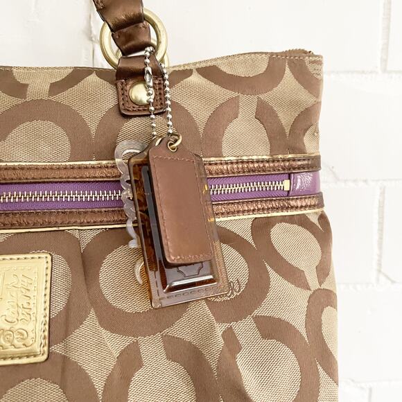 COACH Poppy Tote Shoulder Bag Signature CC Jacquard Purple Zipper - Picture 5 of 9